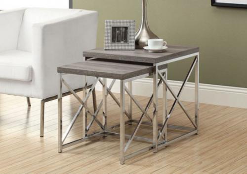 Monarch I 3255 NESTING TABLE - 2PCS SET / DARK TAUPE WITH CHROME METAL; With a dark taupe reclaimed wood-look top, this 2 piece nesting table set gives an exceptional look to any room; The original criss-cross chromed metal base provides sturdy support as well as a contemporary look; Use this multi-functional set as end tables, lamp tables, decorative display tables, or simply as accent pieces for any living space; PRODUCT DIMENSIONS: 20